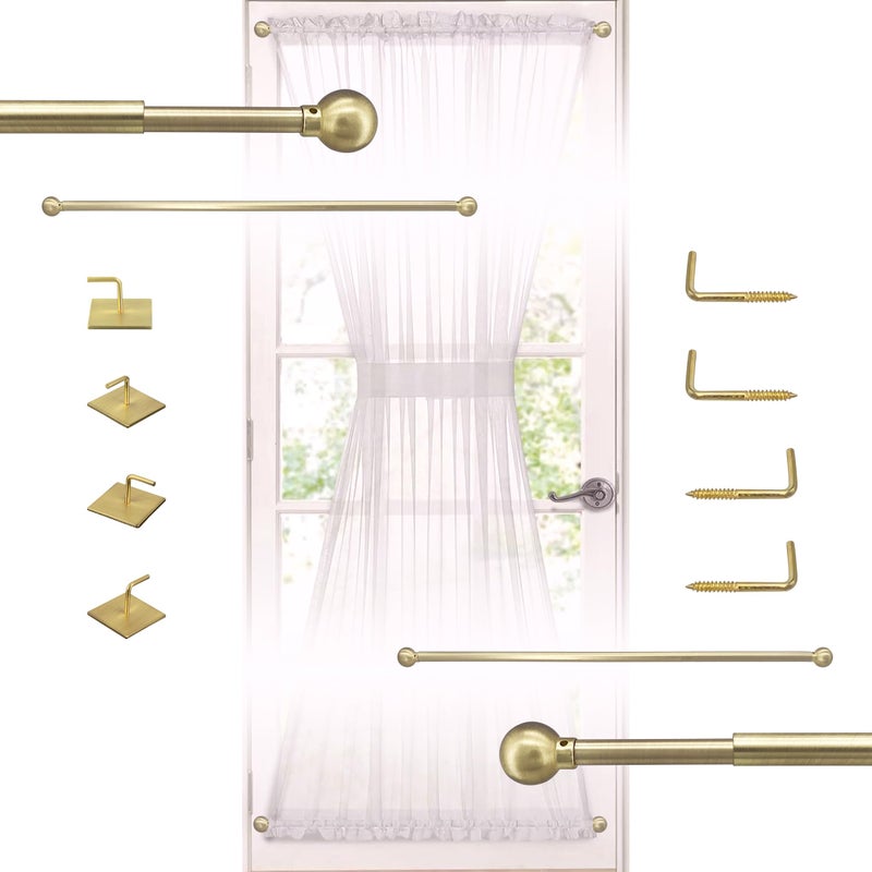 ARNORX French Door Curtain Rods  2 Pack Adjustable 1628 Inch No Drill Adhesive or Screw Mount Brass Brushed 38 Diameter for Sheers