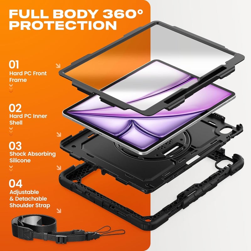 SEYMAC stock Case for iPad Mini 7 (A17 Pro) 2024 / Mini 6 8.3'' with Screen Protector Pencil Holder [Rotating Stand & Strap], Drop-Proof Case for iPad Mini 7th / 6th Generation 8.3", Black - Image 4