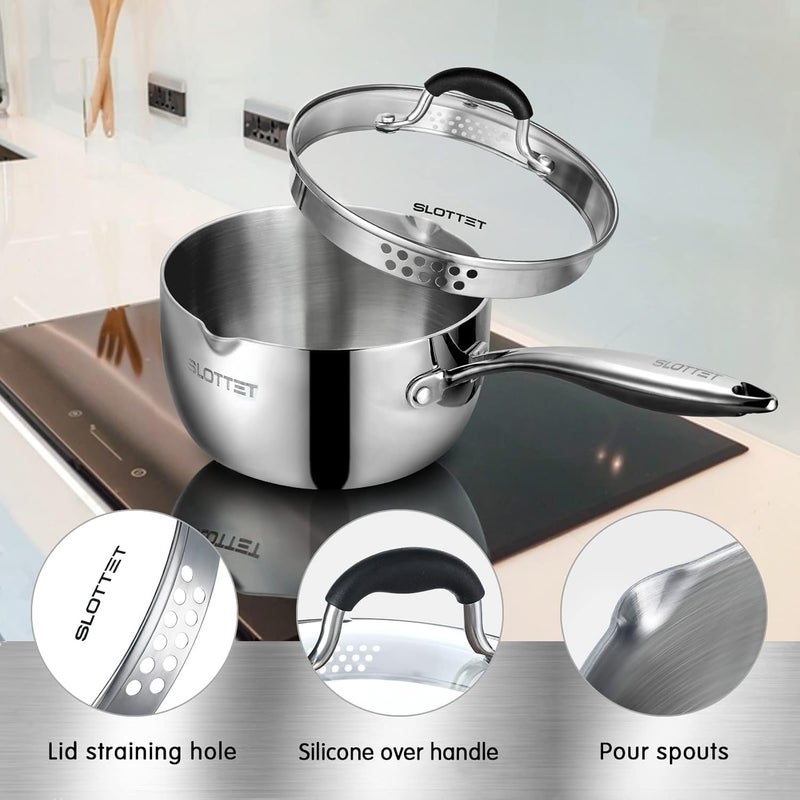 SLOTTET 3.5 Quart Stainless Steel Saucepan with Steamer, Tri-Ply Full Body Small Multipurpose Pot with Pour Spout,Strainer Glass Lid, 3 Qt Sauce Pan for Cooking with Stay-cool Handle. - Image 5