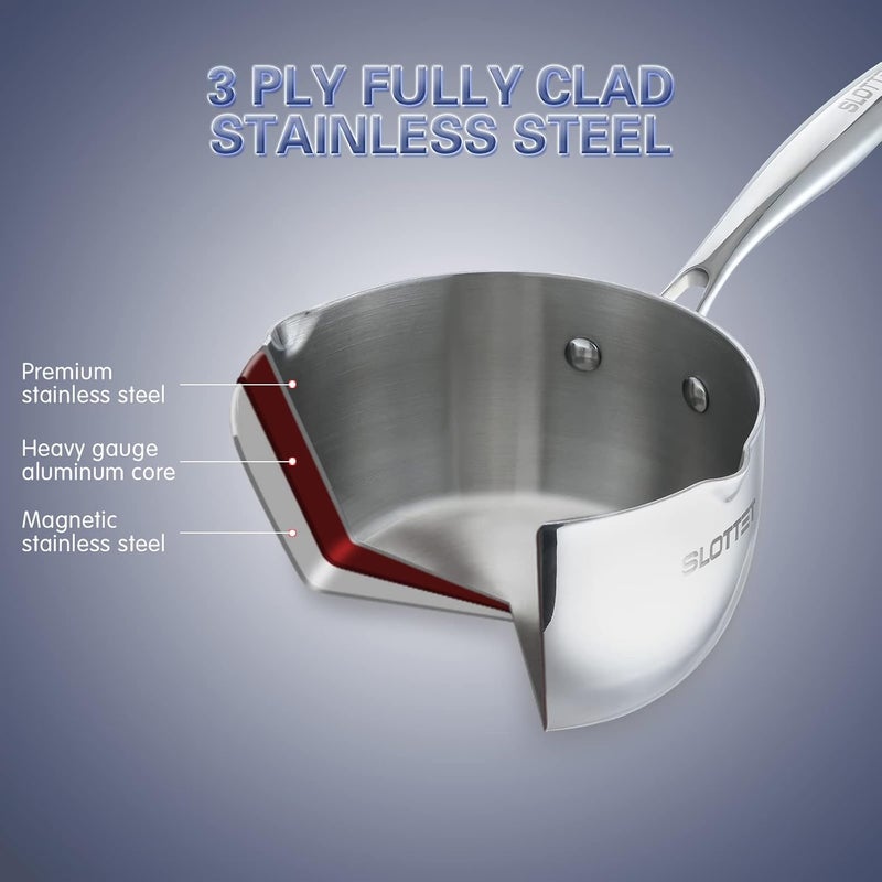 SLOTTET 3.5 Quart Stainless Steel Saucepan with Steamer, Tri-Ply Full Body Small Multipurpose Pot with Pour Spout,Strainer Glass Lid, 3 Qt Sauce Pan for Cooking with Stay-cool Handle. - Image 4