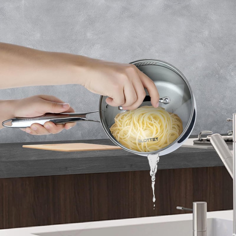 SLOTTET 3.5 Quart Stainless Steel Saucepan with Steamer, Tri-Ply Full Body Small Multipurpose Pot with Pour Spout,Strainer Glass Lid, 3 Qt Sauce Pan for Cooking with Stay-cool Handle. - Image 3