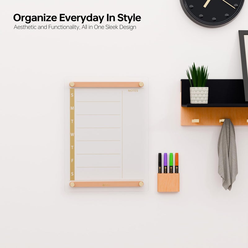 YEOUX Clear Gold Glass Weekly Dry Erase Calendar Whiteboard with Wood Decoration for Wall, Menu & Meal Planner White Board for Home Kitchen, 15x11, Wood Marker Holder and 4 Markers Included, Yeoux - Image 2