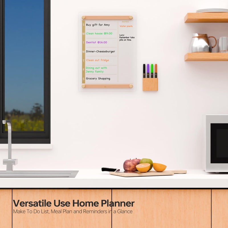 YEOUX Clear Gold Glass Weekly Dry Erase Calendar Whiteboard with Wood Decoration for Wall, Menu & Meal Planner White Board for Home Kitchen, 15x11, Wood Marker Holder and 4 Markers Included, Yeoux - Image 3