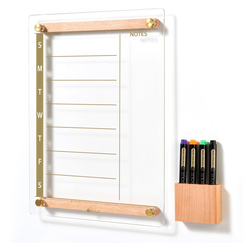YEOUX Clear Gold Glass Weekly Dry Erase Calendar Whiteboard with Wood Decoration for Wall, Menu & Meal Planner White Board for Home Kitchen, 15x11, Wood Marker Holder and 4 Markers Included, Yeoux - Image 1