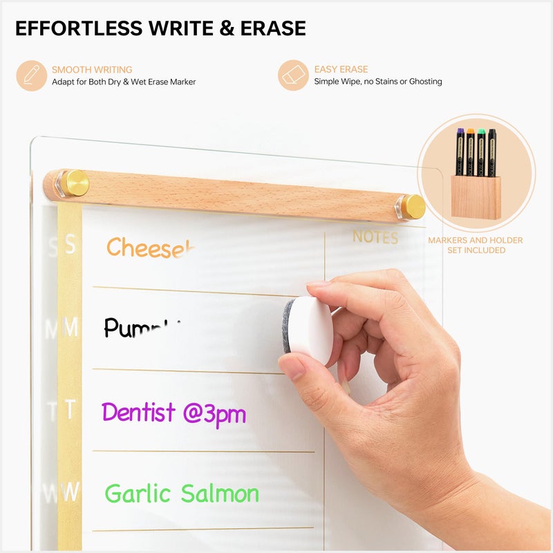 YEOUX Clear Gold Glass Weekly Dry Erase Calendar Whiteboard with Wood Decoration for Wall, Menu & Meal Planner White Board for Home Kitchen, 15x11, Wood Marker Holder and 4 Markers Included, Yeoux - Image 4
