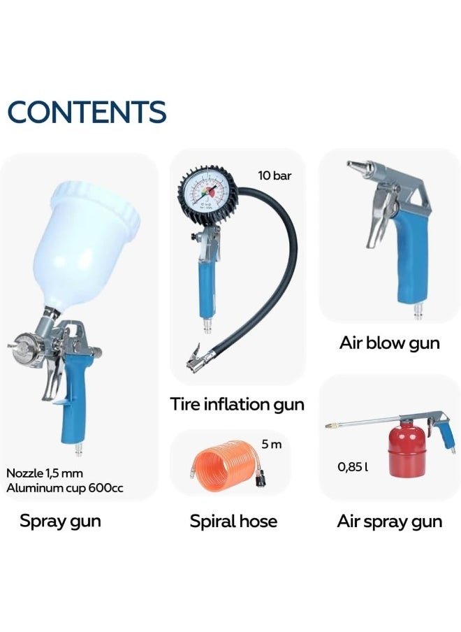 NORDBERG - Air Tool Kit 5 Pieces  Np05Kit, Tire Inflating Gun, Spray Gun, 5 M Spiral Hose, Blowing Gun, Air Gun, For Painting, Flushing And Blowing, For Inflating Tires - Image 1