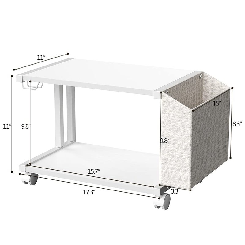 VEDECASA 2 Tier Modern White Wooden Under Desk Printer Stand with Storage Bag for Home Office Desktop Printer Table Organizer Mobile Printer Shelf Cart with Caster Wheel (White) - Image 4