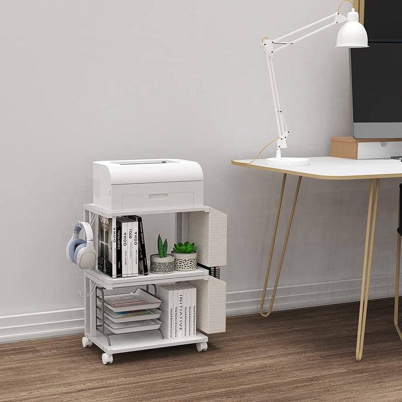 VEDECASA 2 Tier Modern White Wooden Under Desk Printer Stand with Storage Bag for Home Office Desktop Printer Table Organizer Mobile Printer Shelf Cart with Caster Wheel (White) - Image 5