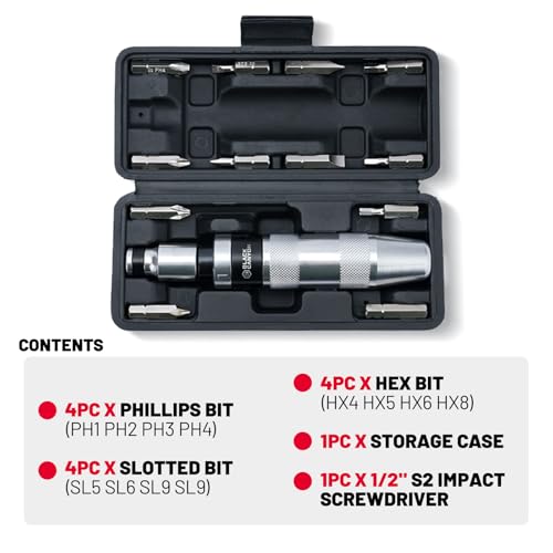 BLACK CANYON 1/2" S2 Hand Impact Screwdriver, 12-Pieces Tip Styles Slotted, Phillips, Hex, Manual Reversible Impact Driver, Disengage Rusted Fasteners or Frozen Bolts, Ideal Hand Tool for Men, Dad - Image 2