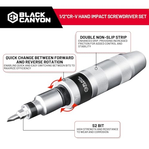 BLACK CANYON 1/2" S2 Hand Impact Screwdriver, 12-Pieces Tip Styles Slotted, Phillips, Hex, Manual Reversible Impact Driver, Disengage Rusted Fasteners or Frozen Bolts, Ideal Hand Tool for Men, Dad - Image 3