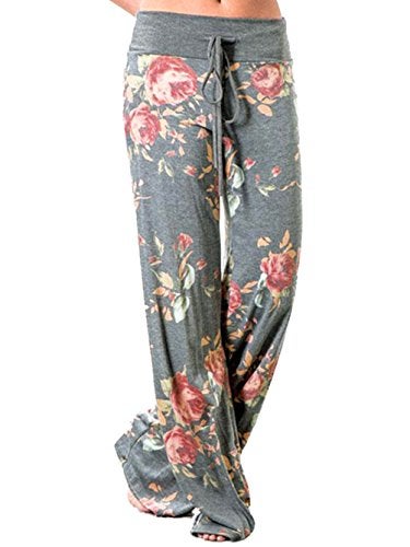 iChunhua Women's Comfy Stretch Floral Print Drawstring Palazzo Wide Leg Lounge Pants(XL,Grey) - Image 1