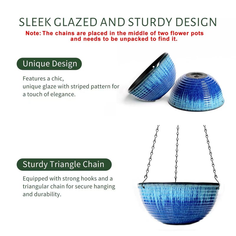 Vanslogreen 2 Pack Hanging Planters for Indoor Outdoor Plants, 10 Inch Hanging Planter with Drainage Hole & Plug Glazed Hanging Baskets Flower Pots for Garden Home (Blue Flow Glaze) - Image 2