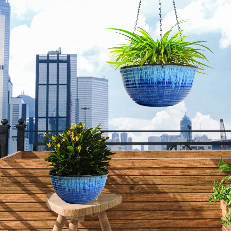 Vanslogreen 2 Pack Hanging Planters for Indoor Outdoor Plants, 10 Inch Hanging Planter with Drainage Hole & Plug Glazed Hanging Baskets Flower Pots for Garden Home (Blue Flow Glaze) - Image 5
