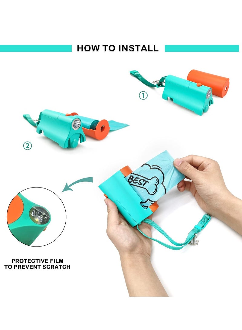 SOLARAE 3 in 1 Dog Poop Bags Holder with Built-in LED Flashlight for Leash and Metal Clip for Hanging Used Bags Bi-Color Dog Waste Bags Dispenser with Wristler, 1 Holder, Blue&Orange, Batteries Not Included - Image 5