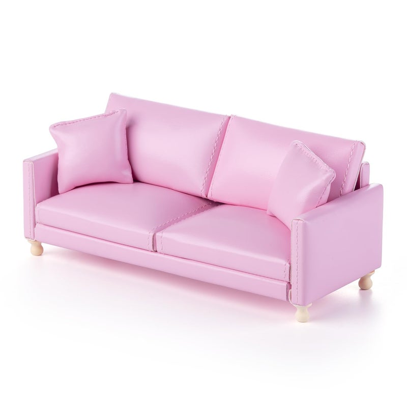 Minamzee 112 Dollhouse Leather Couch Miniature Modern Double Sofa with Pillows Dollhouse Luxury Couch Furniture Accessories for Living Room Bedroom Pink - Image 3