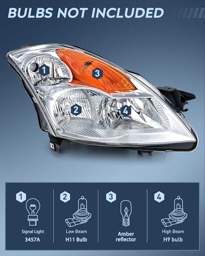 Nilight Headlight Assembly Compatible with 2007 2008 2009 Altima Sedan 4-Door Headlamps Replacement Chrome Housing Amber Reflector Clear Lens Driver and Passenger Side - Image 2