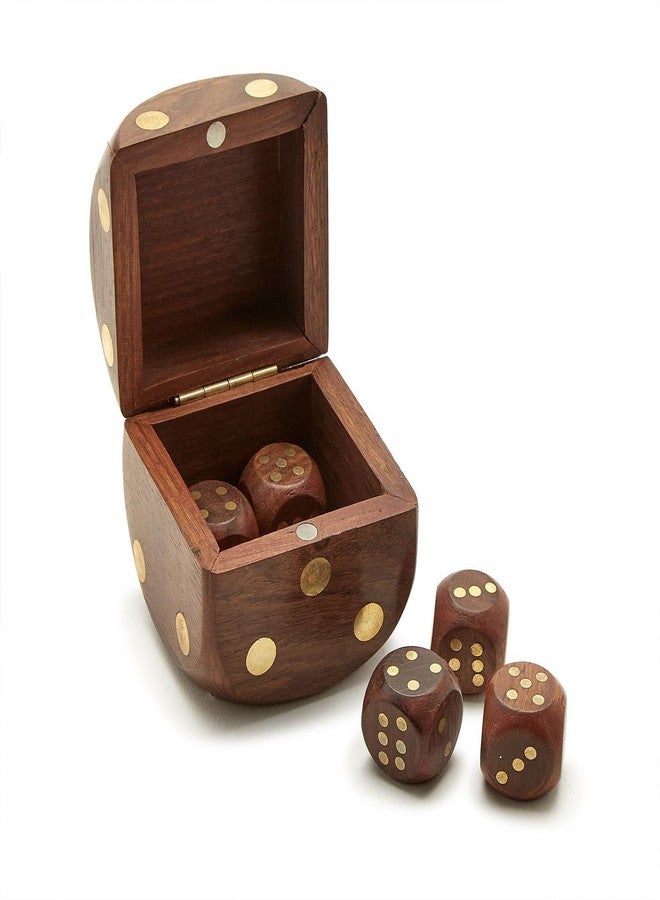 Two's Company Wood Crafted Dice Box with 6 Dice, Acacia Wood, 2.5-inches Square, Brown - Image 1