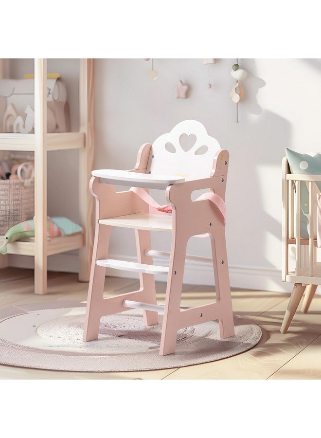 ROBUD Baby Doll High Chair, Pretend Play High Chair With Seat Belt, Pink Wooden Baby Doll Accessories With Movable Tabletop, Fits 18-20 Inch Dolls - Image 3