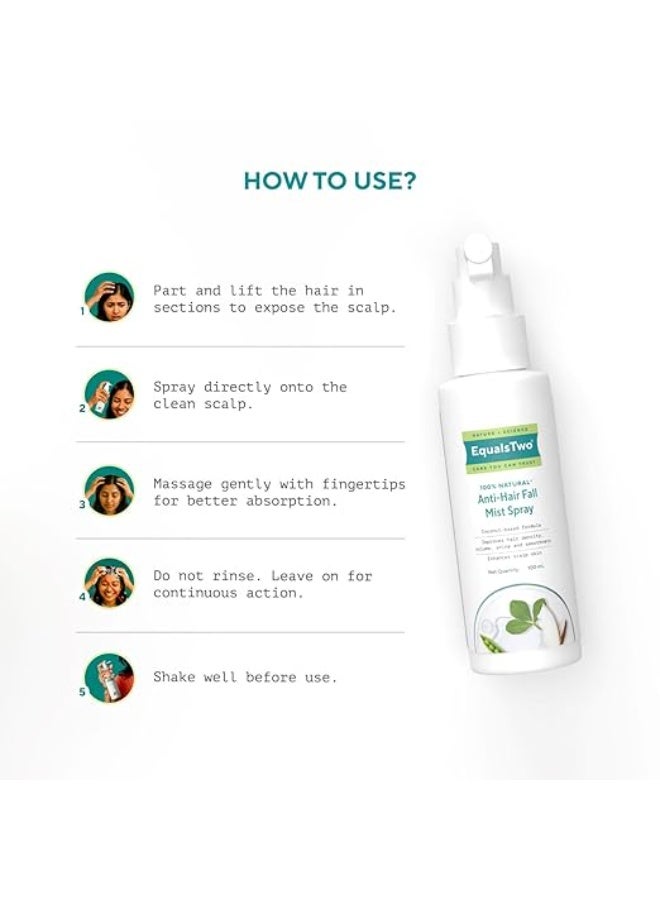 EQUALSTWO by Zydus Anti Hairfall Mist Spray, 100ml | Natural Hair Mist Spray with Bhringraj, Methi & Virgin Coconut Oil | Anti Hair Fall Mist Spray for Hair Density, Shine & Heat Protection, (Pack 1) - Image 3