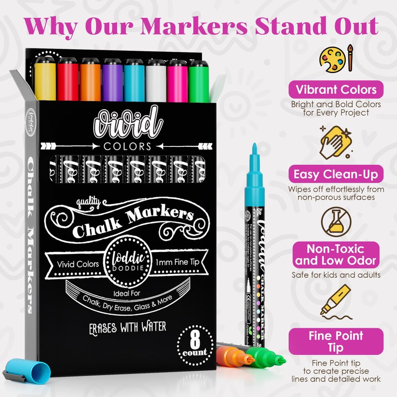 Loddie Doddie Fine Tip Liquid Chalk Markers - Pack of 8, 1mm - Precision Chalk Pens for Blackboard - Vibrant Neon Dry Erase Markers for Glass & Windows - Image 2