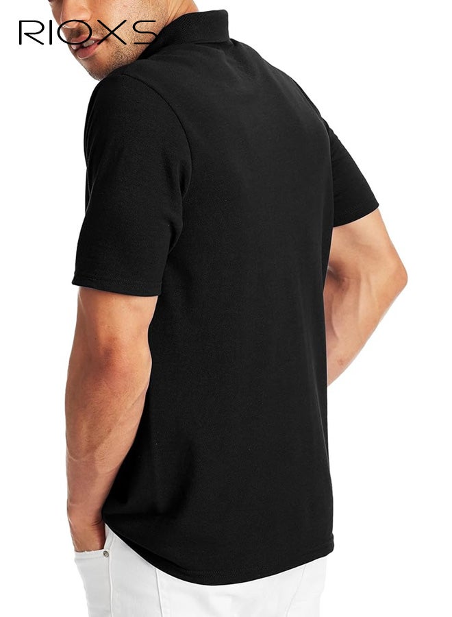 ريوكس تي شيرت بولو أسود كلاسيكي للرجال، قميص بولو كلاسيكي أسود مسامي، قطن مسامي بأكمام قصيرة مع 3 أزرار بأزرار للارتداء الكاجوال، والصالة الرياضية والعمل - Image 2