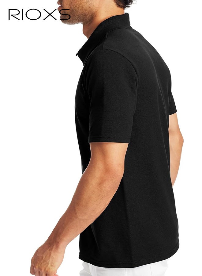 ريوكس تي شيرت بولو أسود كلاسيكي للرجال، قميص بولو كلاسيكي أسود مسامي، قطن مسامي بأكمام قصيرة مع 3 أزرار بأزرار للارتداء الكاجوال، والصالة الرياضية والعمل - Image 3