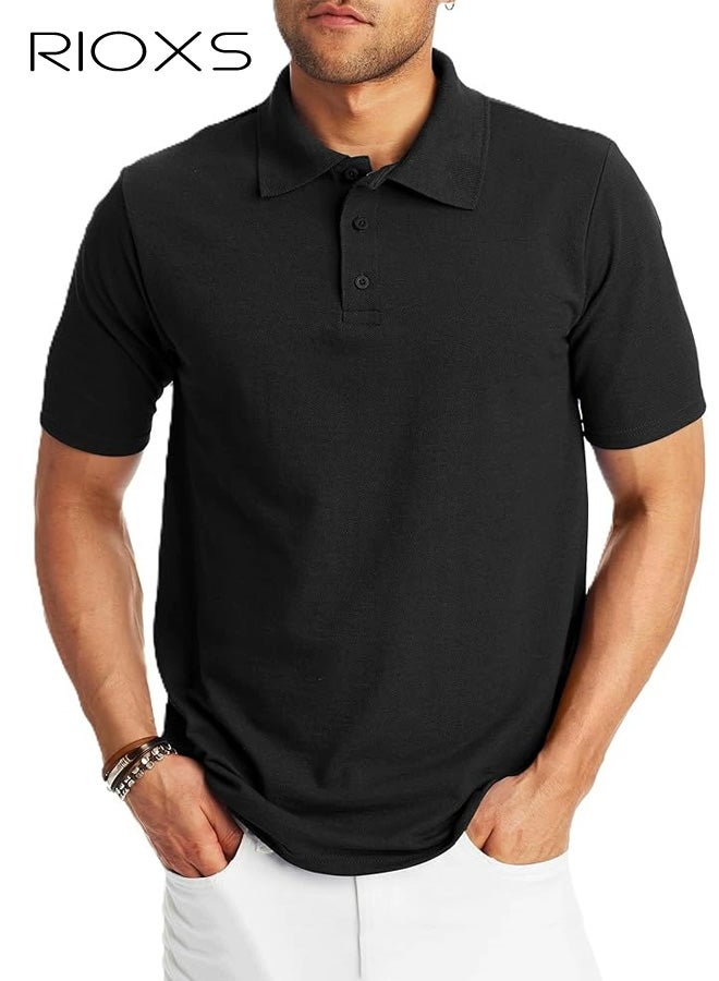 ريوكس تي شيرت بولو أسود كلاسيكي للرجال، قميص بولو كلاسيكي أسود مسامي، قطن مسامي بأكمام قصيرة مع 3 أزرار بأزرار للارتداء الكاجوال، والصالة الرياضية والعمل - Image 1