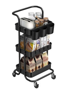 Arabest 3-Tier Rolling Utility Cart Storage Shelves Multifunction Storage Trolley Service Cart with Mesh Basket Handles and Wheels Easy Assembly for Bathroom, Kitchen, Office (Black)  - Image 1