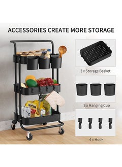 Arabest 3-Tier Rolling Utility Cart Storage Shelves Multifunction Storage Trolley Service Cart with Mesh Basket Handles and Wheels Easy Assembly for Bathroom, Kitchen, Office (Black)  - Image 2