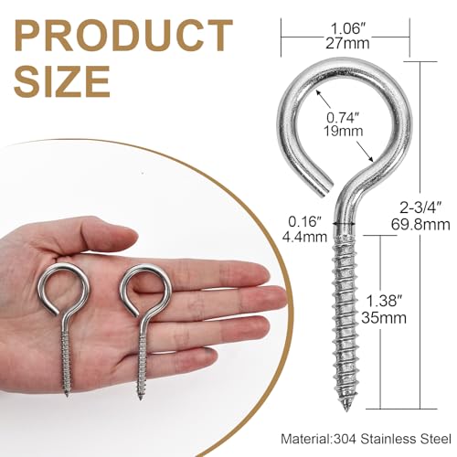 ACCZIO 10PCS 2.75 inches Screw Eyes M4 304 Stainless Steel Eye Screws, Heavy Duty Screw, Eye Hooks Screw Eye Bolts Eye Hooks Screw, Indoor & Outdoor Uses (10, M4-2.75inch) - Image 5