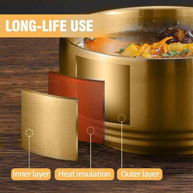 MDEOOSKY 2PCS Gold Mixing Bowls Small Double Wall Rice Bowls Double Layer Anti Scalding Bowl Stainless Steel Salad Bowl Snack Bowls for Korean Restaurant Wedding Party Facial Cereal 49inch - Image 4