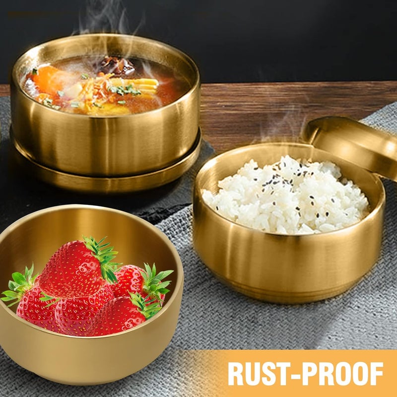 MDEOOSKY 2PCS Gold Mixing Bowls Small Double Wall Rice Bowls Double Layer Anti Scalding Bowl Stainless Steel Salad Bowl Snack Bowls for Korean Restaurant Wedding Party Facial Cereal 49inch - Image 3