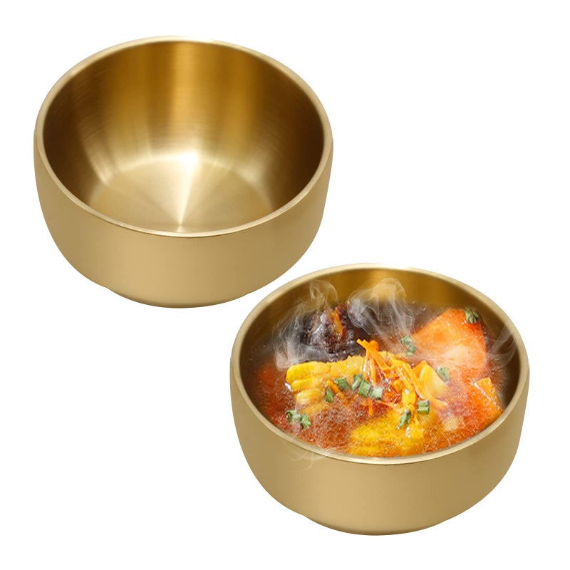 MDEOOSKY 2PCS Gold Mixing Bowls Small Double Wall Rice Bowls Double Layer Anti Scalding Bowl Stainless Steel Salad Bowl Snack Bowls for Korean Restaurant Wedding Party Facial Cereal 49inch - Image 1