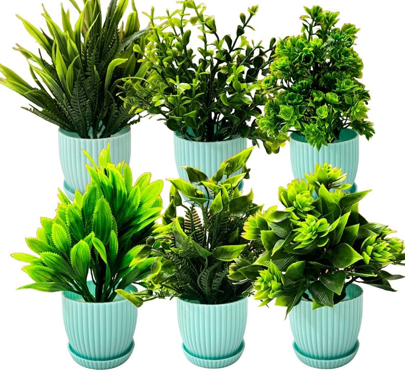 Dekorly ® Plastic 6 Packs Fake Plants Small, Mini Artificial Plants Indoor for Home Farmhouse Bathroom Shelf Décor (Light Blue, Height : 17CM) - Image 1