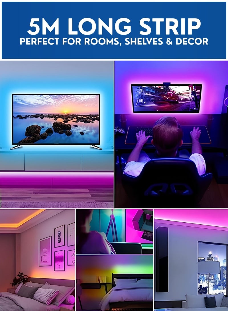 شريط إضاءة نيون LED بطول 5 متر، شريط إضاءة RGB مع مزامنة الموسيقى، تحكم عبر التطبيق والريموت – إضاءة منزلية ذكية، حبل نيون مرن للديكور المنزلي، غرفة الألعاب، غرفة النوم وإضاءة خلفية للتلفاز - Image 4