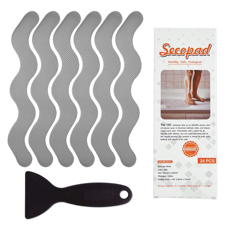 Secopad USA Patented Anti Slip Shower Stickers 24 PCS Safety Bathtub Strips Adhesive Decals with Premium Scraper for Bath Tub Shower Stairs Ladders Boats Gray