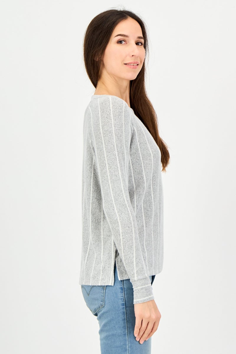 UNDIZ Women Round Neck Long Sleeve Stripe Top, Grey - Image 3