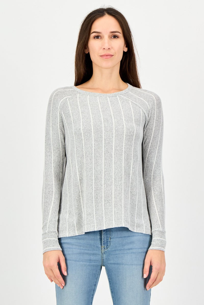 UNDIZ Women Round Neck Long Sleeve Stripe Top, Grey - Image 1