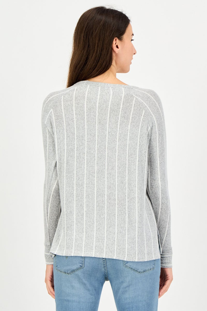UNDIZ Women Round Neck Long Sleeve Stripe Top, Grey - Image 4