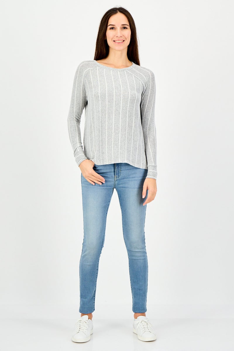 UNDIZ Women Round Neck Long Sleeve Stripe Top, Grey - Image 2