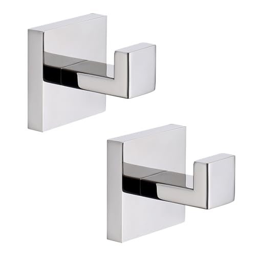 TASTOS Bath Towel Hooks Premium Stainless Steel Robe Coat and Clothes Hook, Heavy Duty Square Wall Mounted Modern Hook for Bathroom & Kitchen, Polished Chrome Finish, 2Pack - Image 1