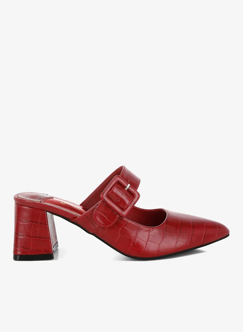 Croco Buckle Strap Detail Mules in Dark Red