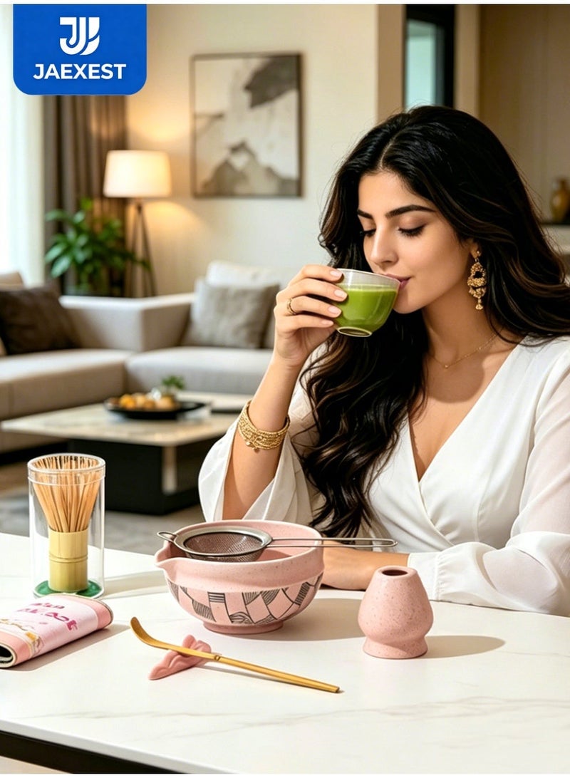 jaexest مجموعة شاي ماتشا يدوية 7 قطع، صندوق هدايا وردي - عصا خيزران وحقيبة ماتشا، ووعاء ماتشا من الخزف الحجري وقطعة قماش شاي، مجموعة كاملة لخلط ماتشا التقليدية - Image 3