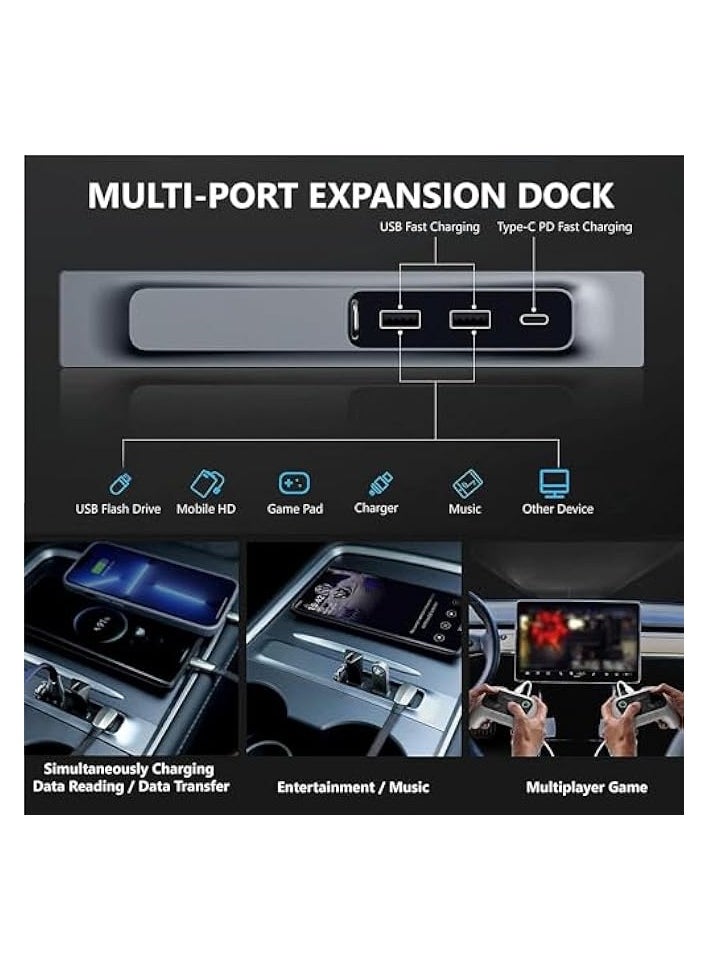 Tesla USB Hub, Tesla Model Y/ 3 Accessories, Model 3 / Y USB Hub, 3 in 1 Docking Station of Center Console Adapter with PD Fast Charge Port & LED Light