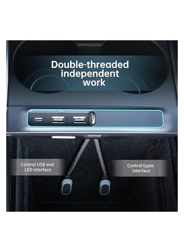 Tesla USB Hub, Tesla Model Y/ 3 Accessories, Model 3 / Y USB Hub, 3 in 1 Docking Station of Center Console Adapter with PD Fast Charge Port & LED Light