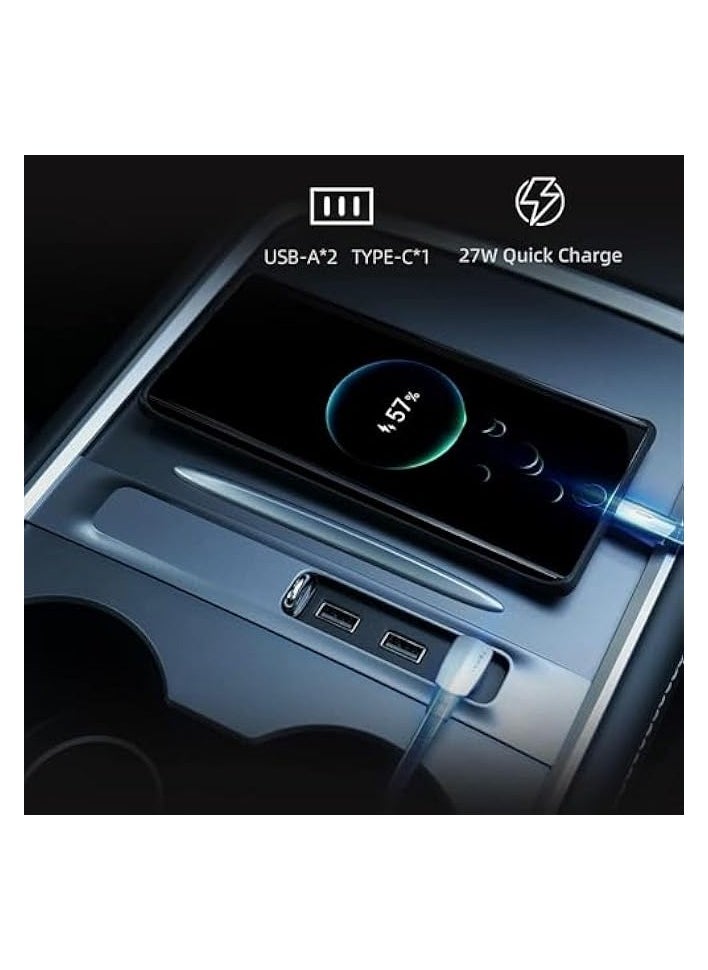 Tesla USB Hub, Tesla Model Y/ 3 Accessories, Model 3 / Y USB Hub, 3 in 1 Docking Station of Center Console Adapter with PD Fast Charge Port & LED Light