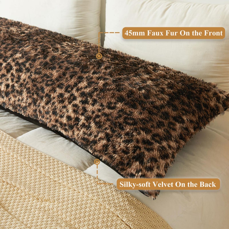 XeGe Fluffy Faux Fur Leopard Print Body Pillow Cover, 20x54 Fuzzy Cheetah Print Body Pillowcase with Zipper, Plush Furry Long Bed Bolster Pillow Cover for Pregnant Women Side Sleeper, Brown and Black - Image 4