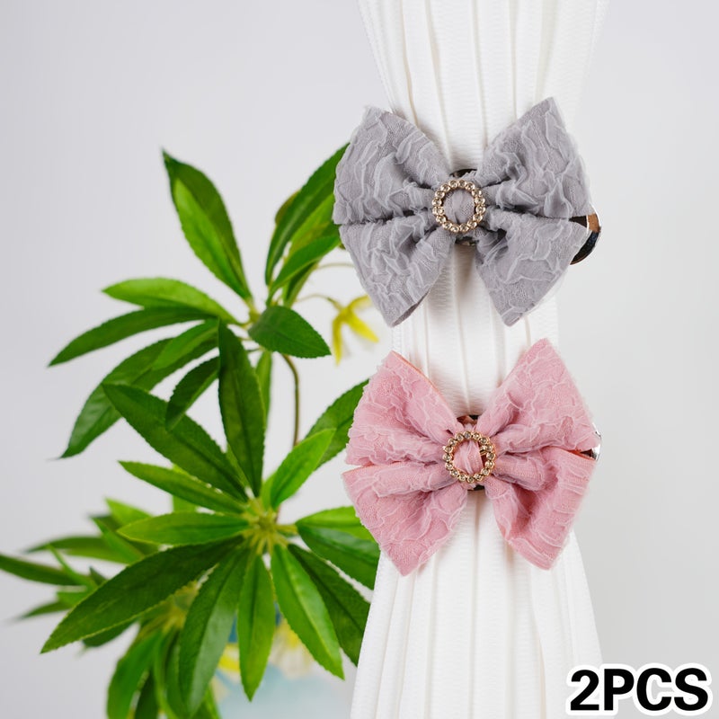Gray 2pc French Fabric Bow Curtain Clips Tiebacks For Sheer Curtains - Image 1