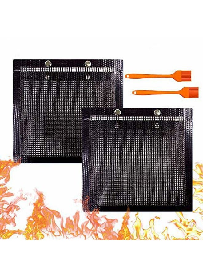YBB 2 Pcs BBQ Grill Mesh Bag with 2 Pcs Silicone Brush, Non-Stick Large BBQ Baked Grilling PTFE Bag Heat-Resistant Reusable Easy to Clean Mesh Backing Bag for Outdoor Picnic Cooking Barbecue - Image 1