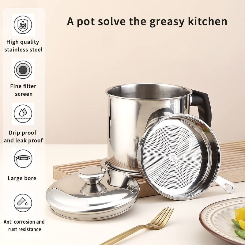 Buyntry Bacon Grease Container with Strainer 125 L 42 oz Strong Kitchen Catcher Foodgrade Stainless Steel Cooking Oil Keeper with Lid and EasyGrip Handle Suitable for Storing Frying Oil - Image 5
